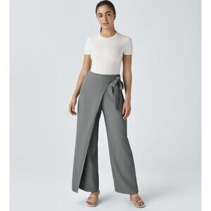 Halara Pants High Waisted Gray Side Tie Wide Leg Work Casual Sz M NWT